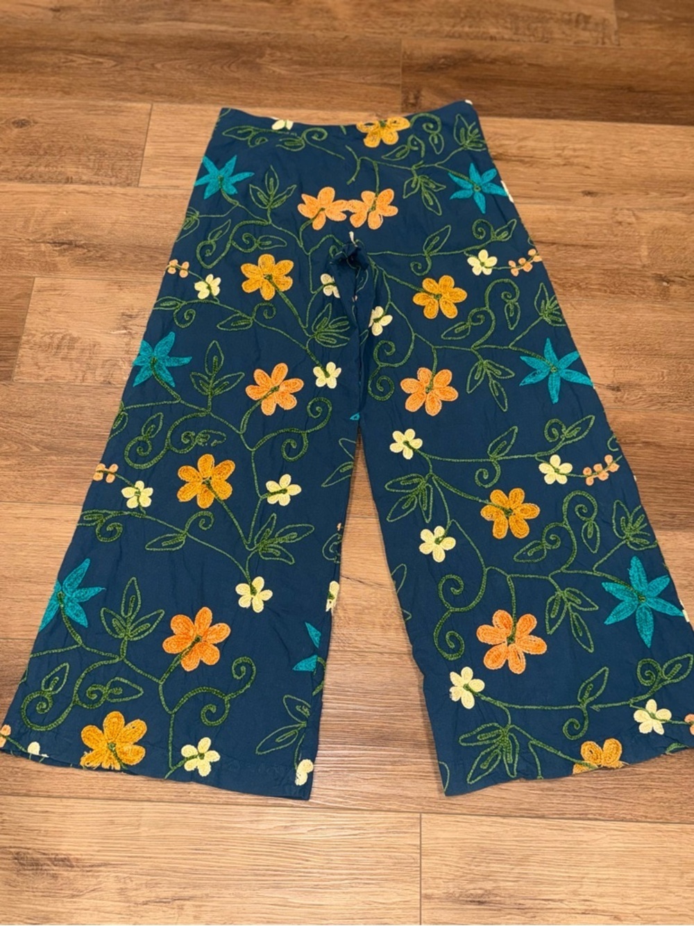 Floral Embroidery Wide Leg Pants Zip Back Homemade Size L Boho Beachy Resort